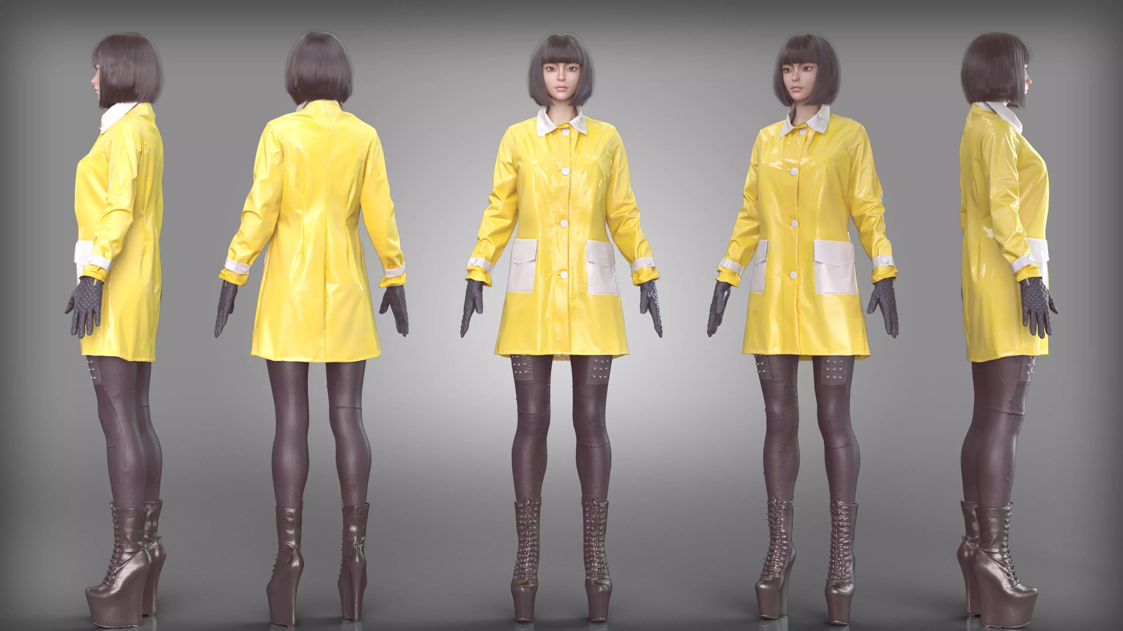 Yellow Raincoat Studded Leggings Padded Gloves Platform Boots Low-poly 3D model