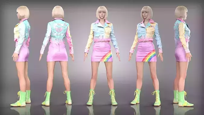 Pastel Punk Style Leather Jacket Outfit Rainbow Skirt Neon Boots