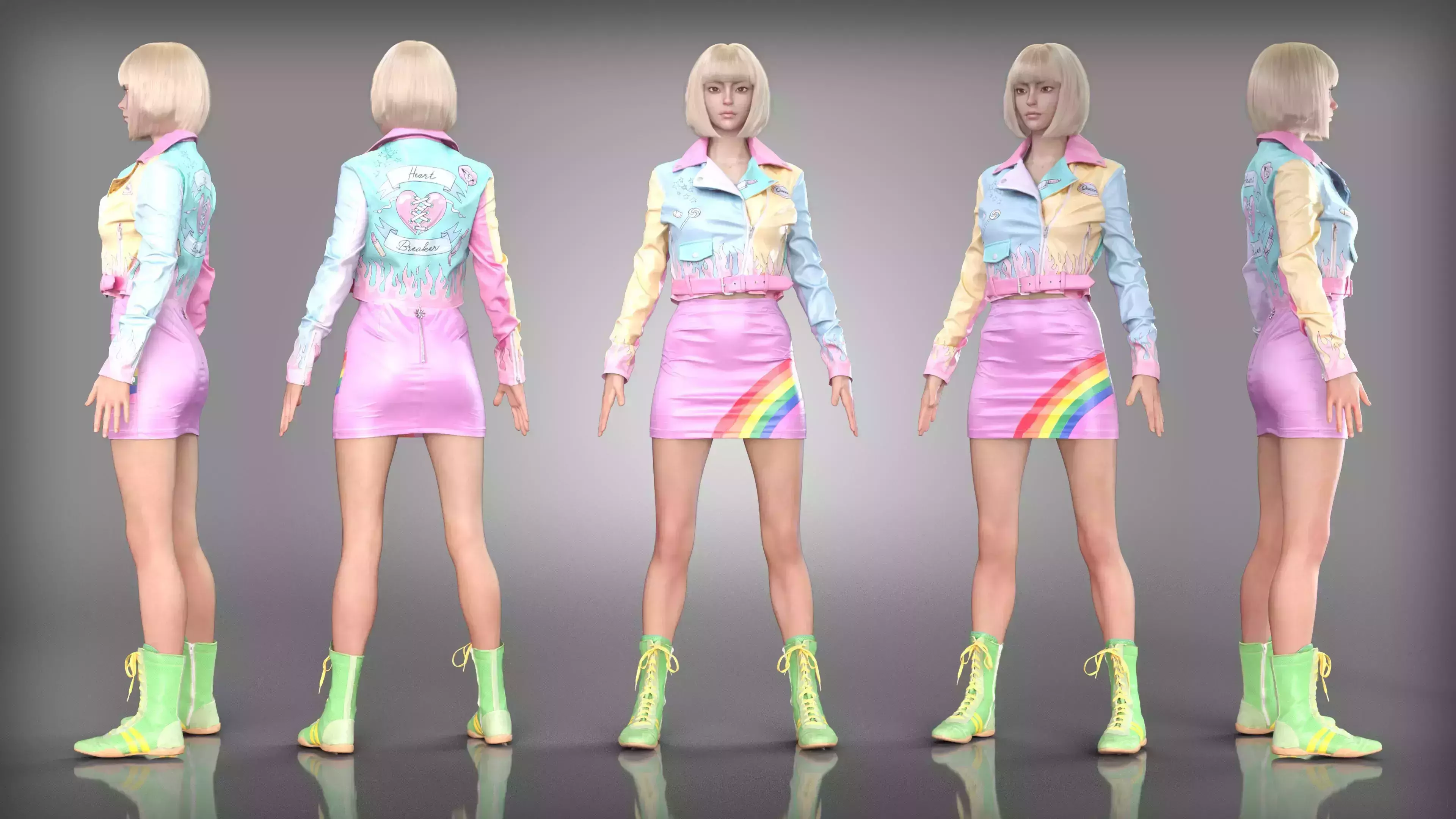 Pastel Punk Style Leather Jacket Outfit Rainbow Skirt Neon Boots Low-poly 3D model