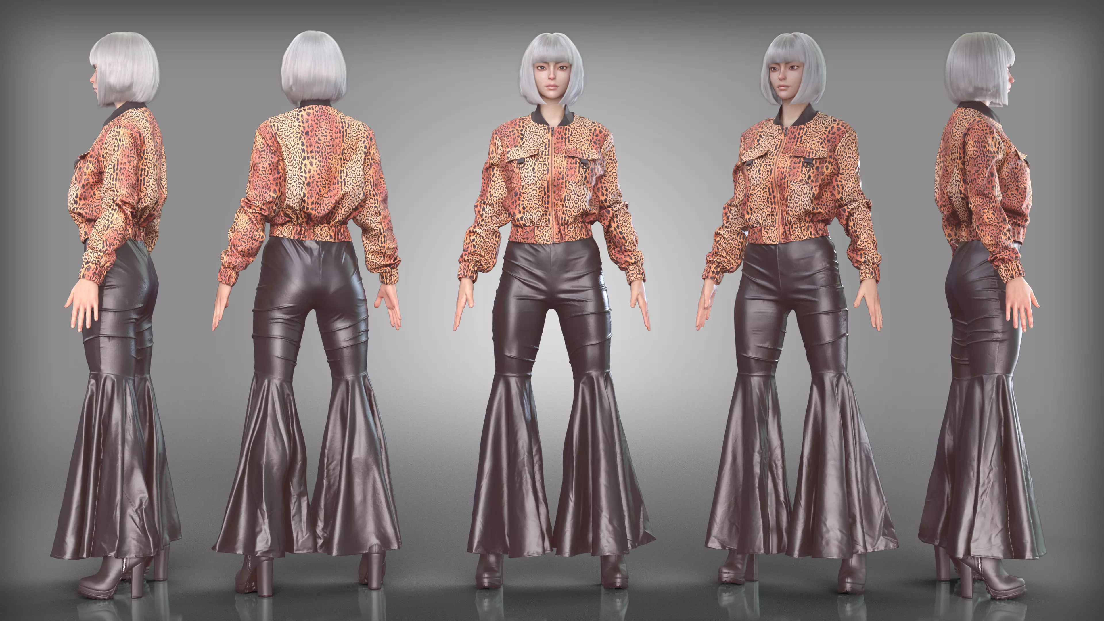 Leopard Print Jacket and Flared Leather Pants Outfit Boots Low-poly 3D model