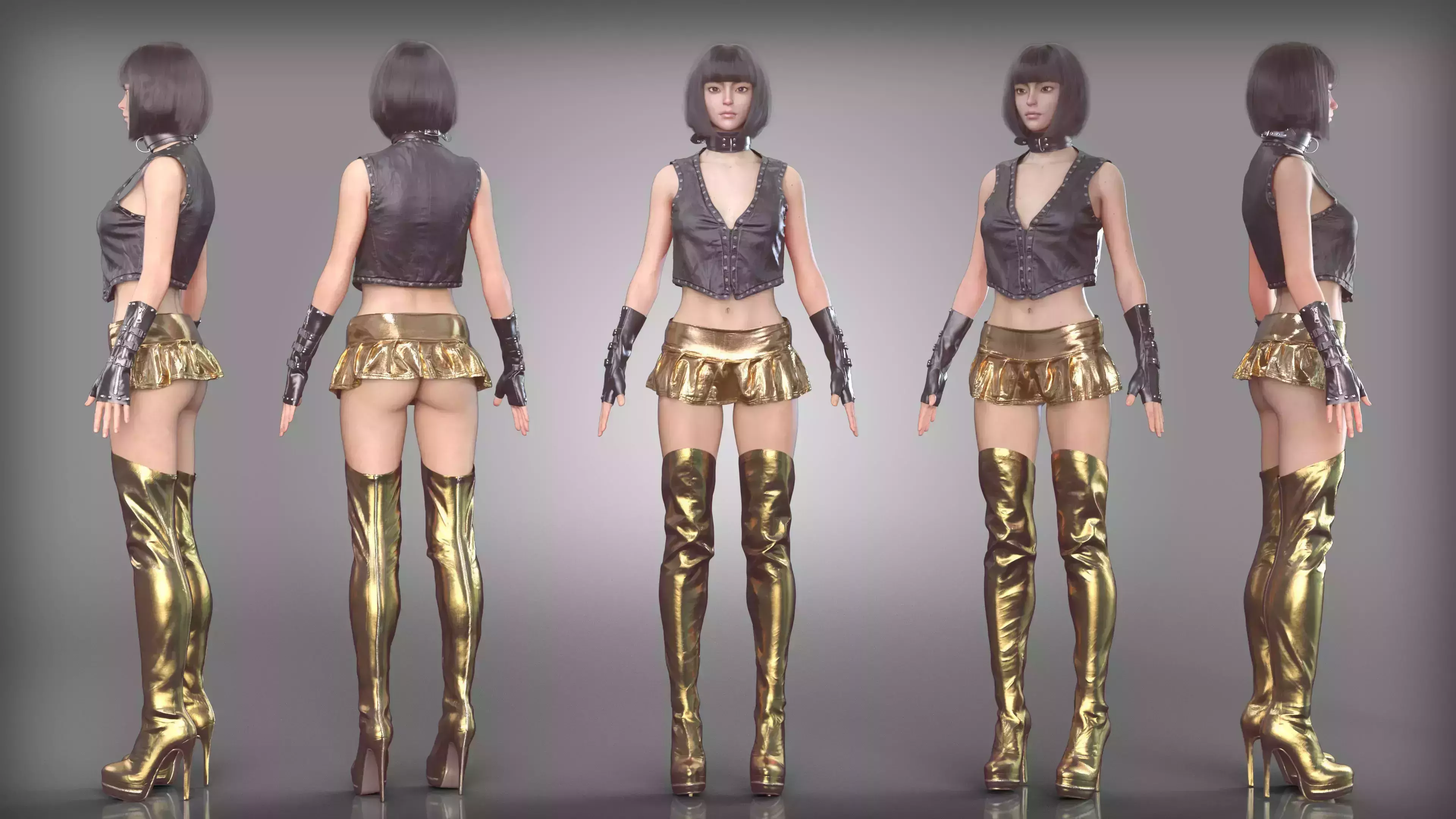 Gold and Black Punk Chic Outfit Thigh High Boots Collar Low-poly 3D model