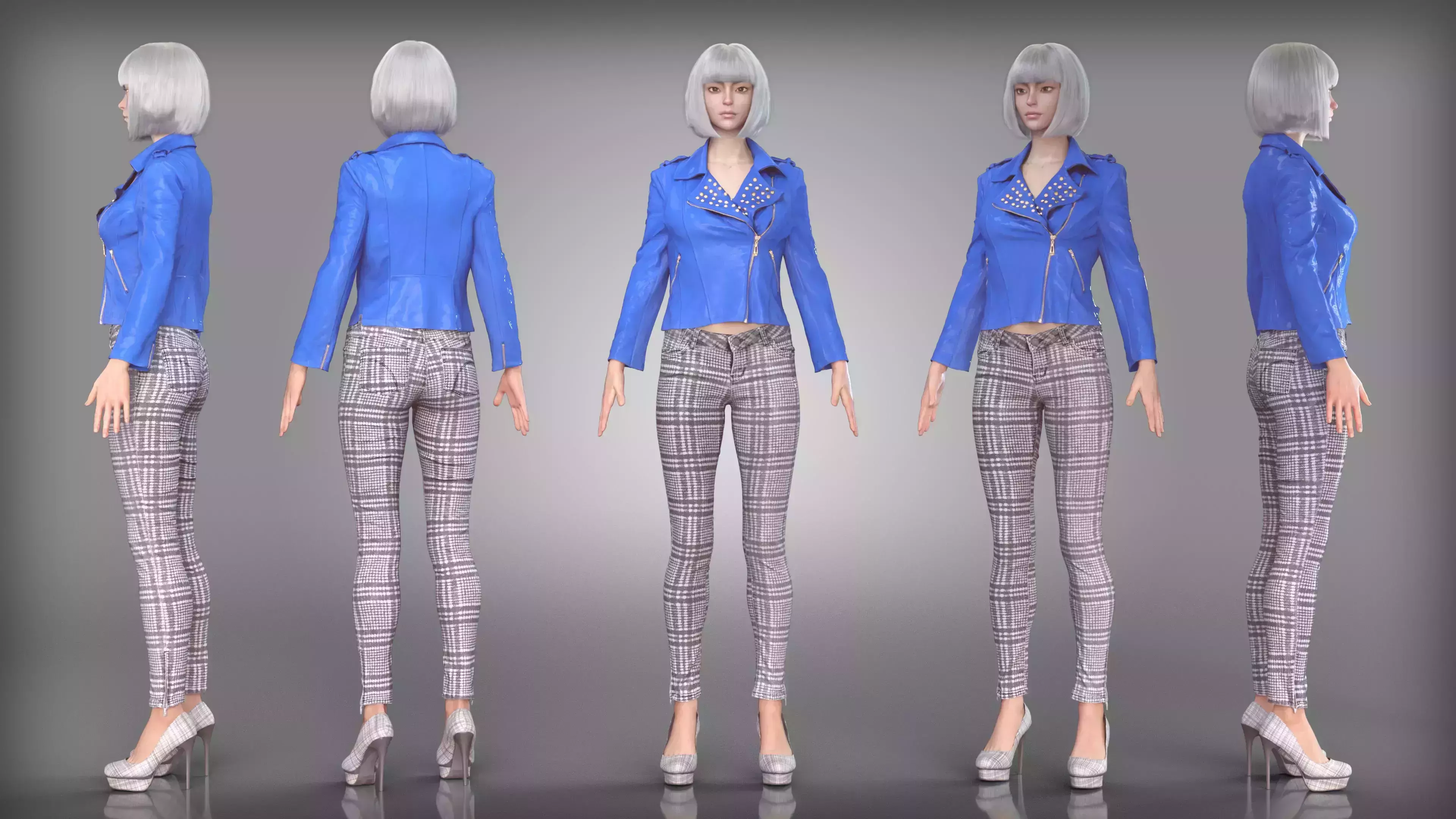 Blue Studded Leather Jacket and Plaid Pants Outfit High Heels Low-poly 3D model
