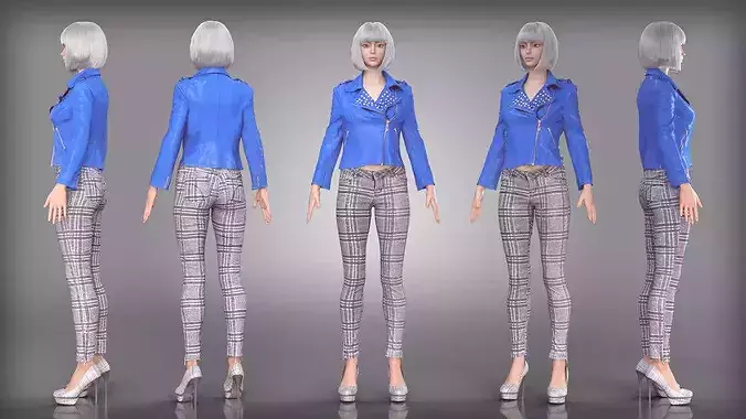 Blue Studded Leather Jacket and Plaid Pants Outfit High Heels