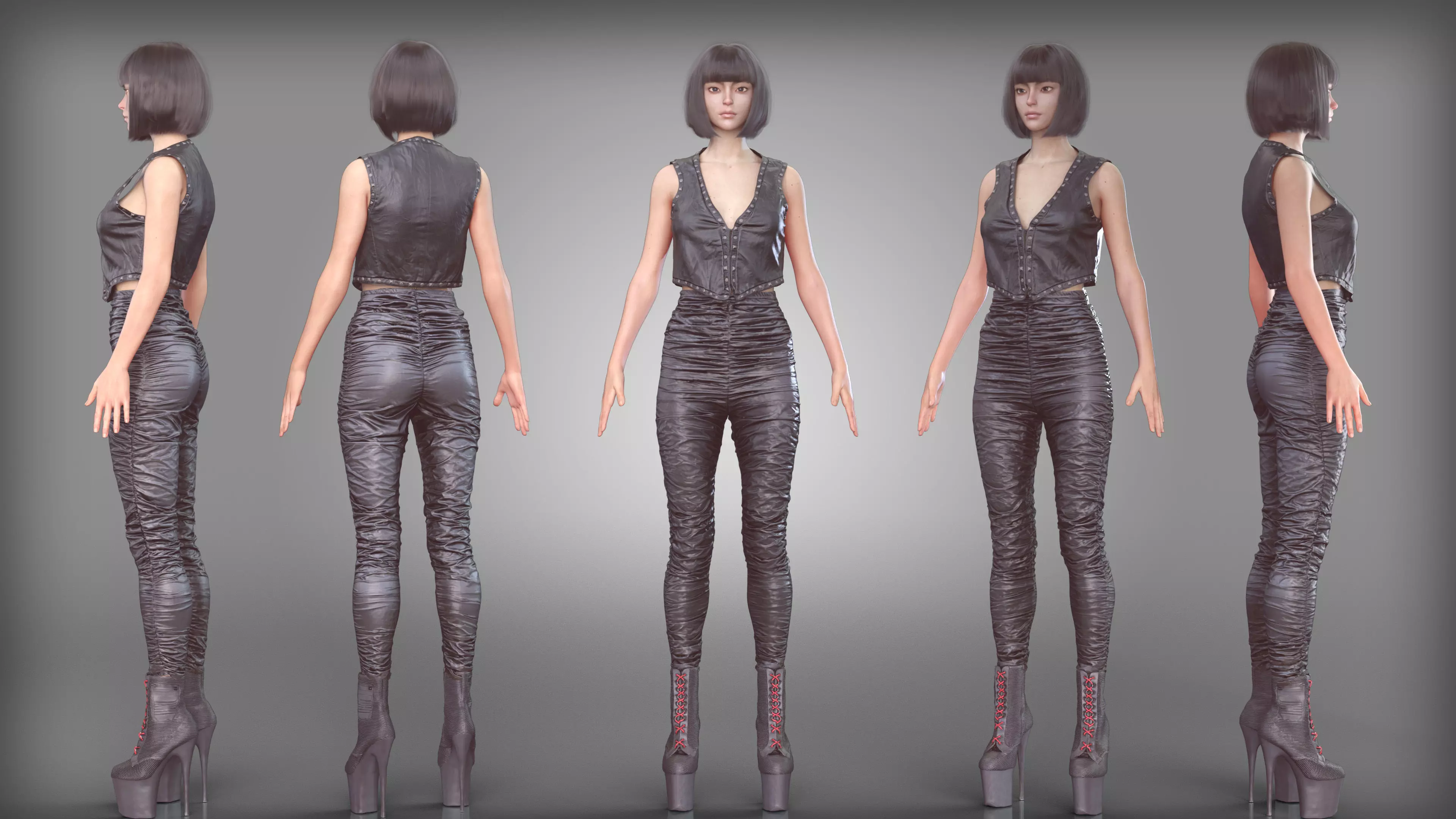 Black Leather Outfit with Wrinkle Shiny Leggings High Heels Low-poly 3D model