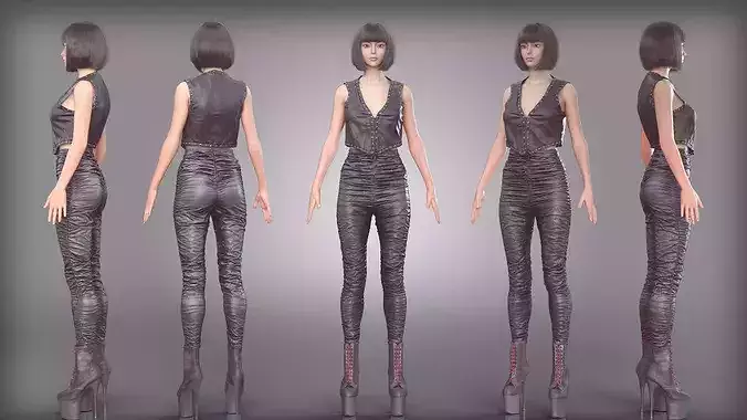 Black Leather Outfit with Wrinkle Shiny Leggings High Heels