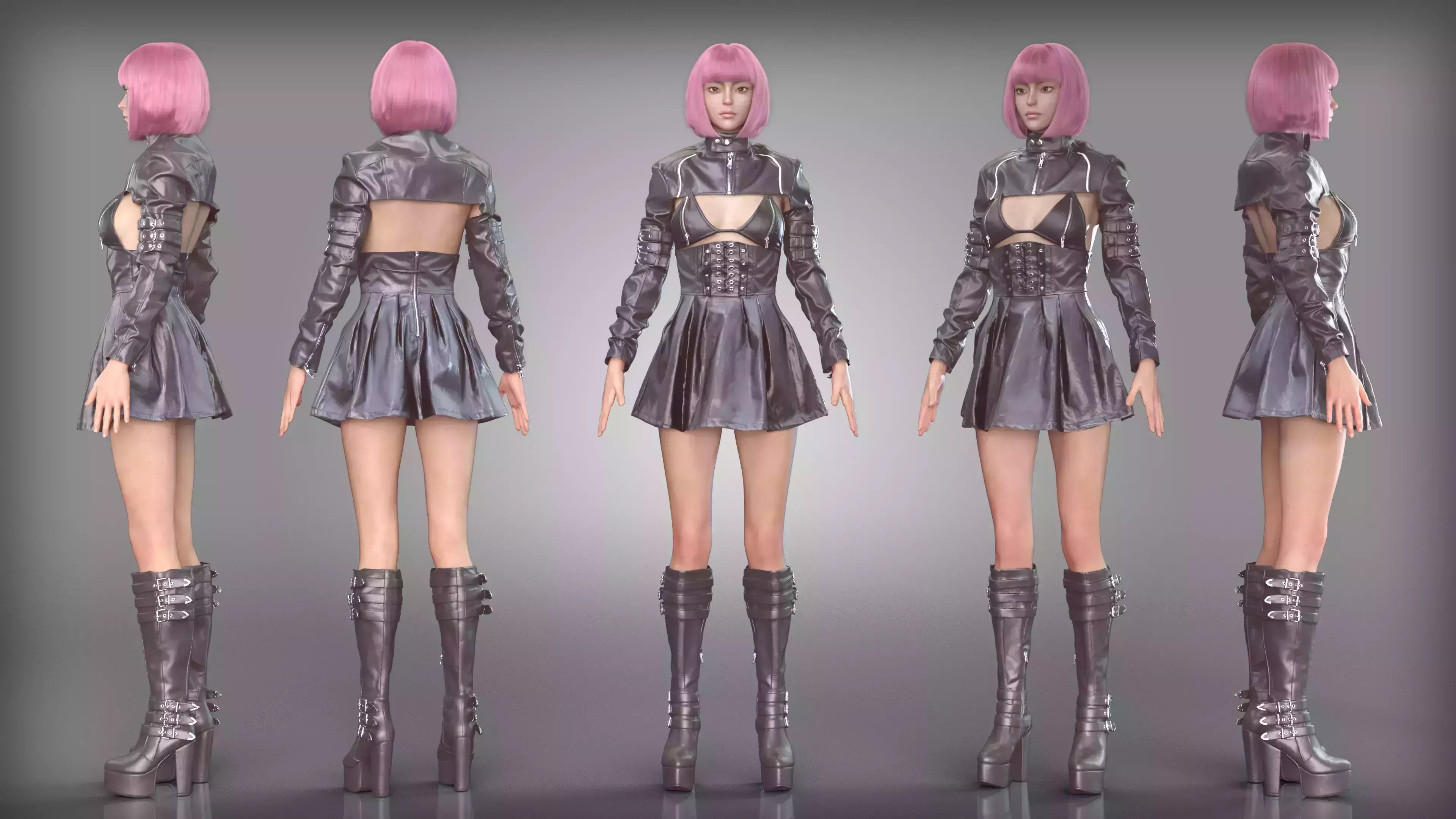 Black Leather Outfit with Platform Boots and Corset Dress Low-poly 3D model