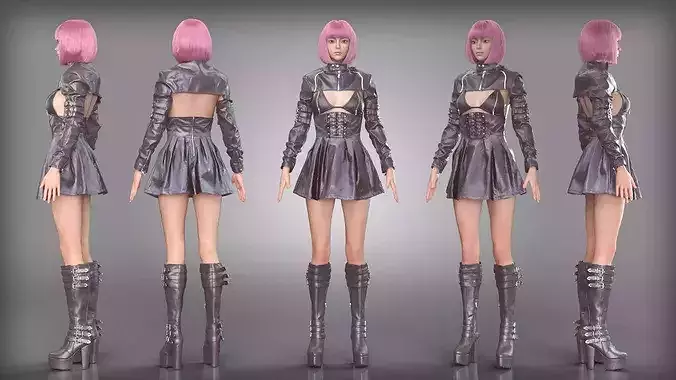 Black Leather Outfit with Platform Boots and Corset Dress