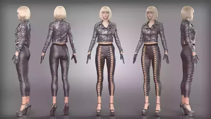 Zebra Leather Outfit Lace Up Pants Gloves Studded High Heels