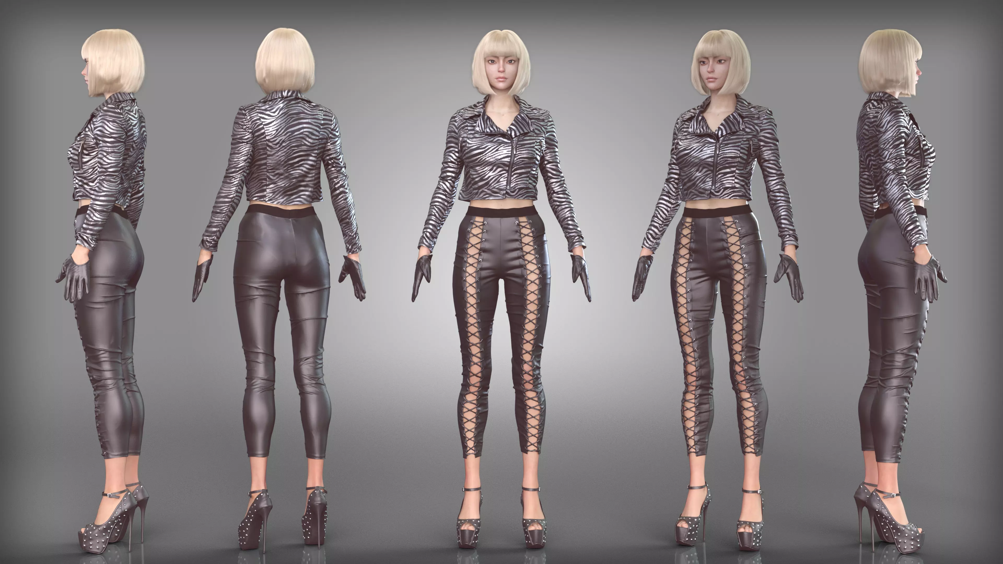 Zebra Leather Outfit Lace Up Pants Gloves Studded High Heels Low-poly 3D model