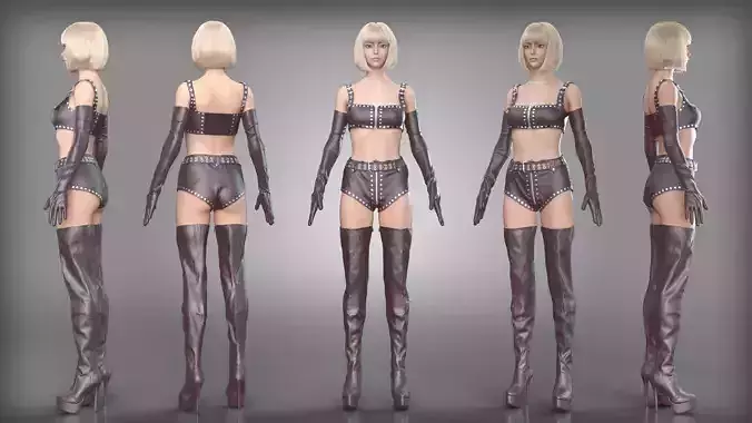 Studded Leather Outfit with High Heels and Gloves