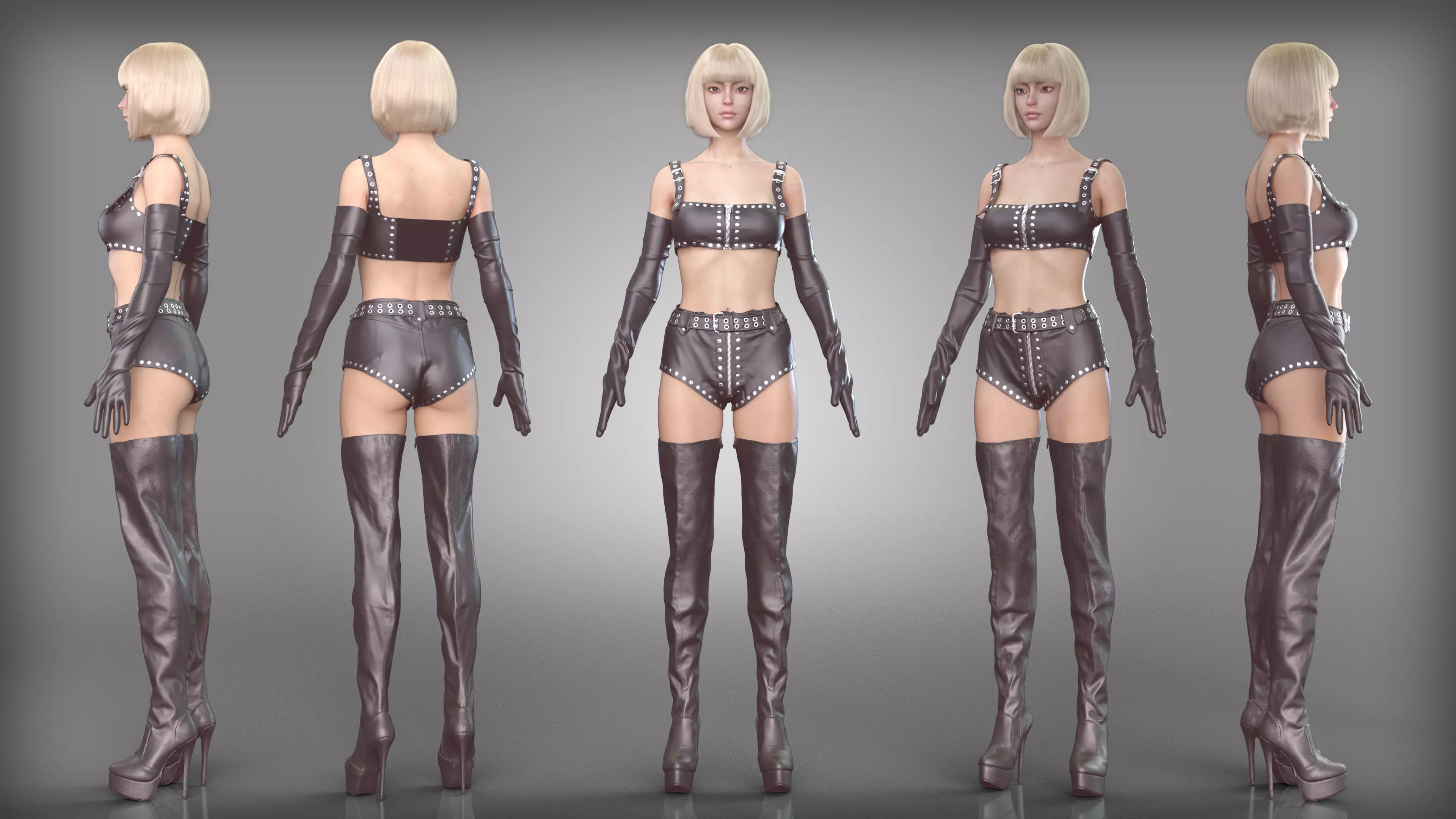 Studded Leather Outfit with High Heels and Gloves Low-poly 3D model