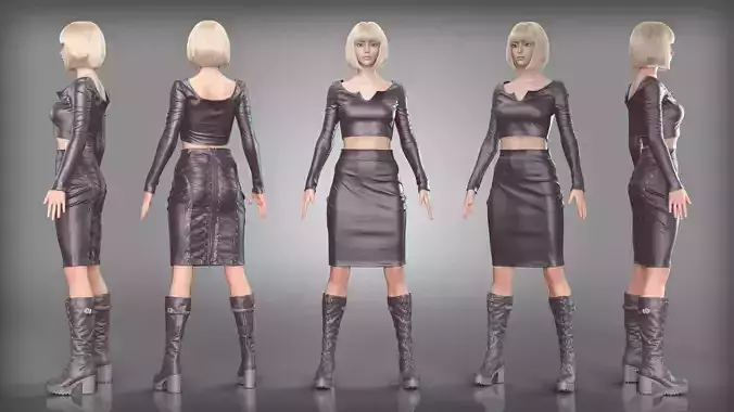 Sleek Leather Ensemble with Lace Up Skirt and Platform Boots