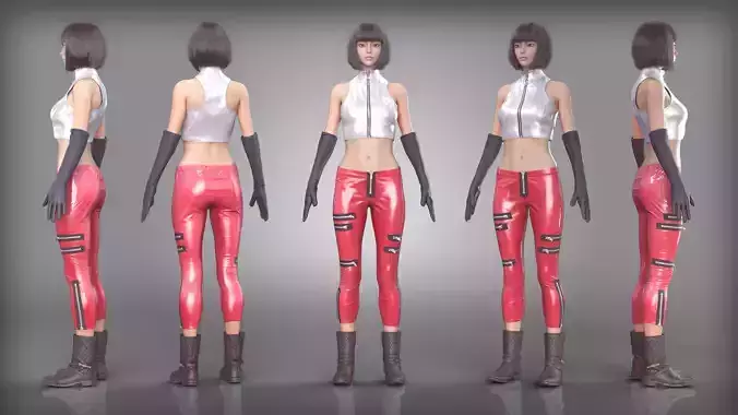 Silver Crop Top Red Leather Zipper Pants Outfit Padded Boots