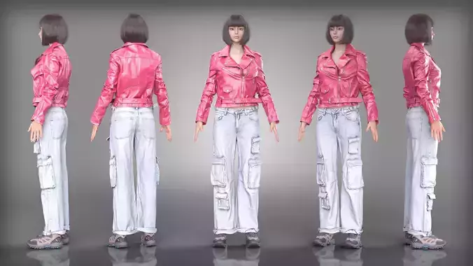 Pink Leather Jacket and Cargo Jeans Look with Hiking Shoes