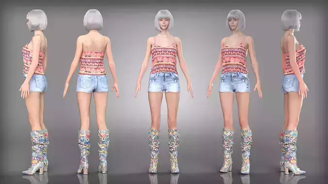 Patterned Top and Denim Shorts with Colorful Boots