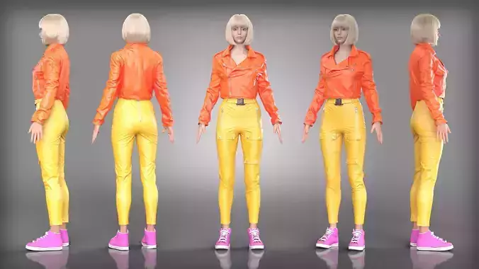 Orange Leather Jacket and Yellow Pants Outfit with Pink Sneakers