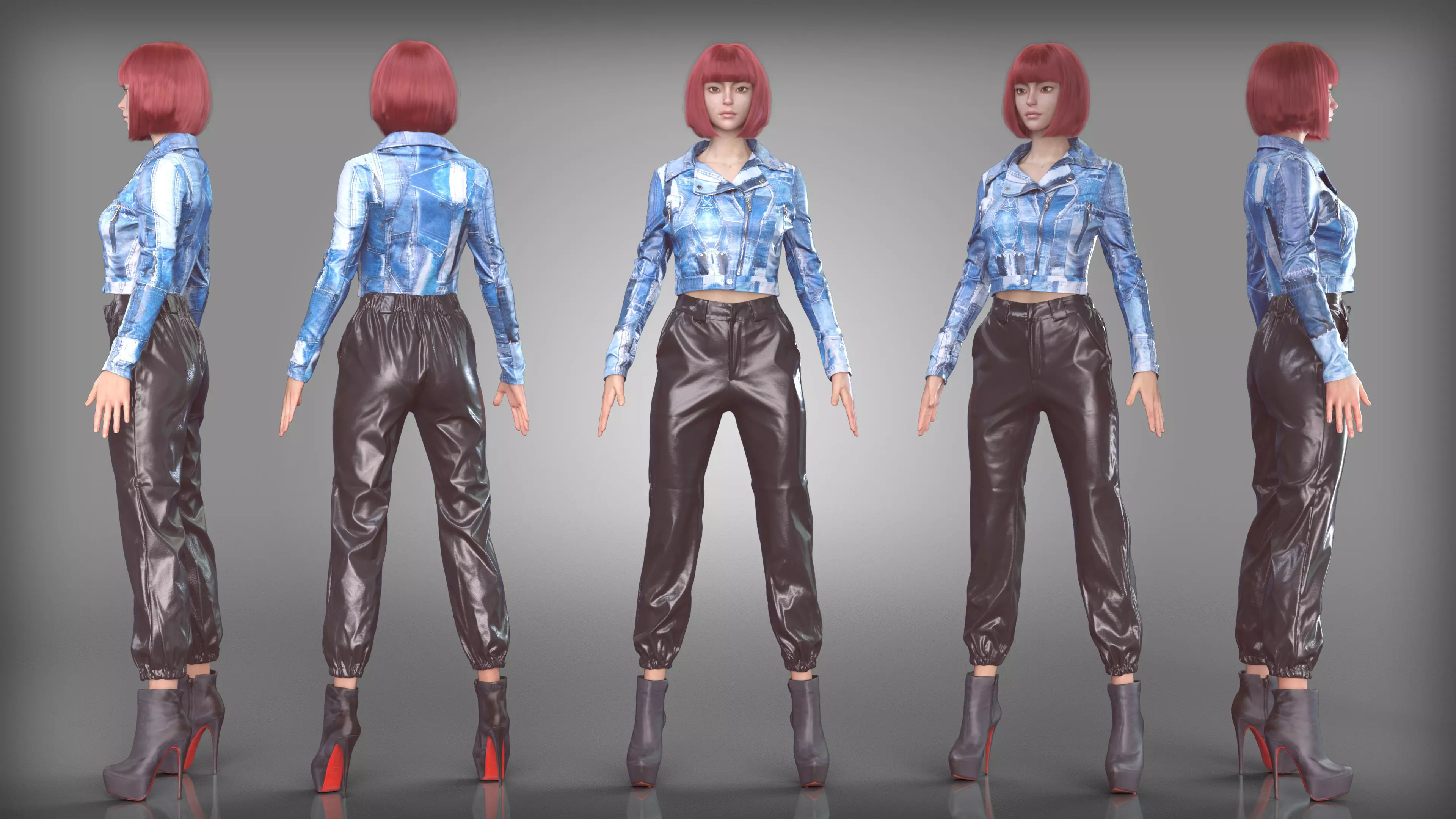 Denim Jacket and Leather Pants Outfit with High Heels Low-poly 3D model
