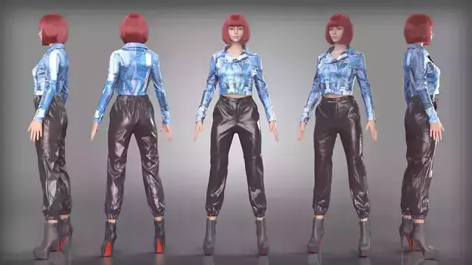 Denim Jacket and Leather Pants Outfit with High Heels