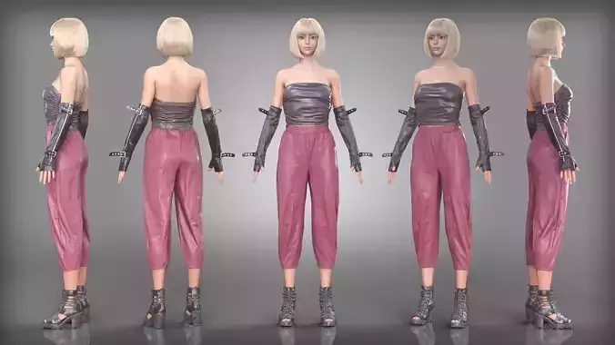 Edgy Leather Outfit with Pants Leather Top Vinyl Gloves  Boots