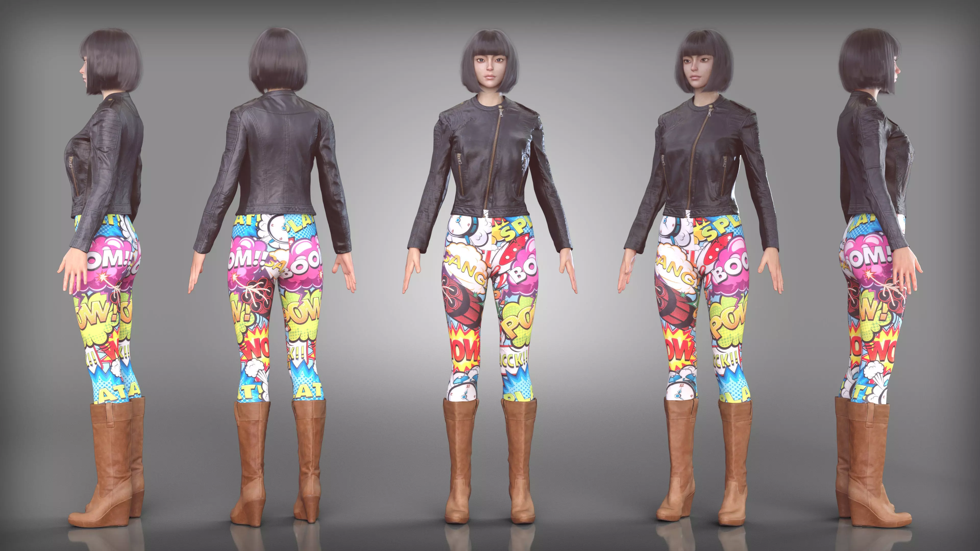 Comic Book Style Leggings Leather Jacket Brown Boots Low-poly 3D model