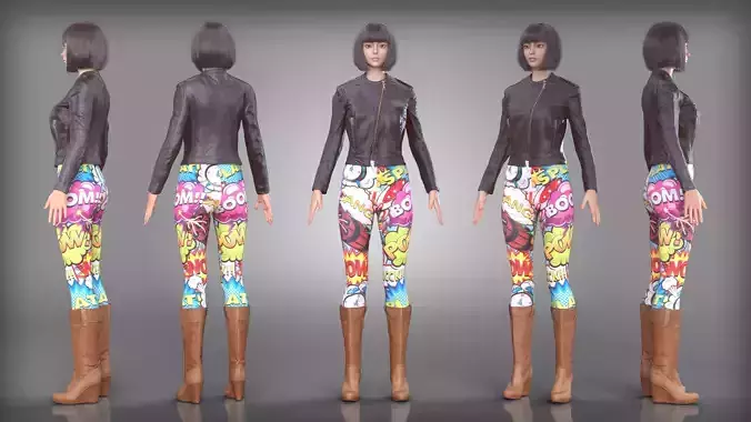 Comic Book Style Leggings Leather Jacket Brown Boots