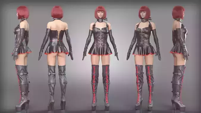 Black Corset Outfit with Latex Skirt Laced Leather Boots