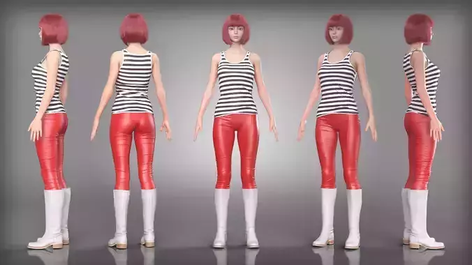 Striped Tank Top and Red Leather Pants Outfit White Boots