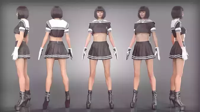 Sailor Outfit Pleated Skirt Duo Tone Leather Gloves High Heels