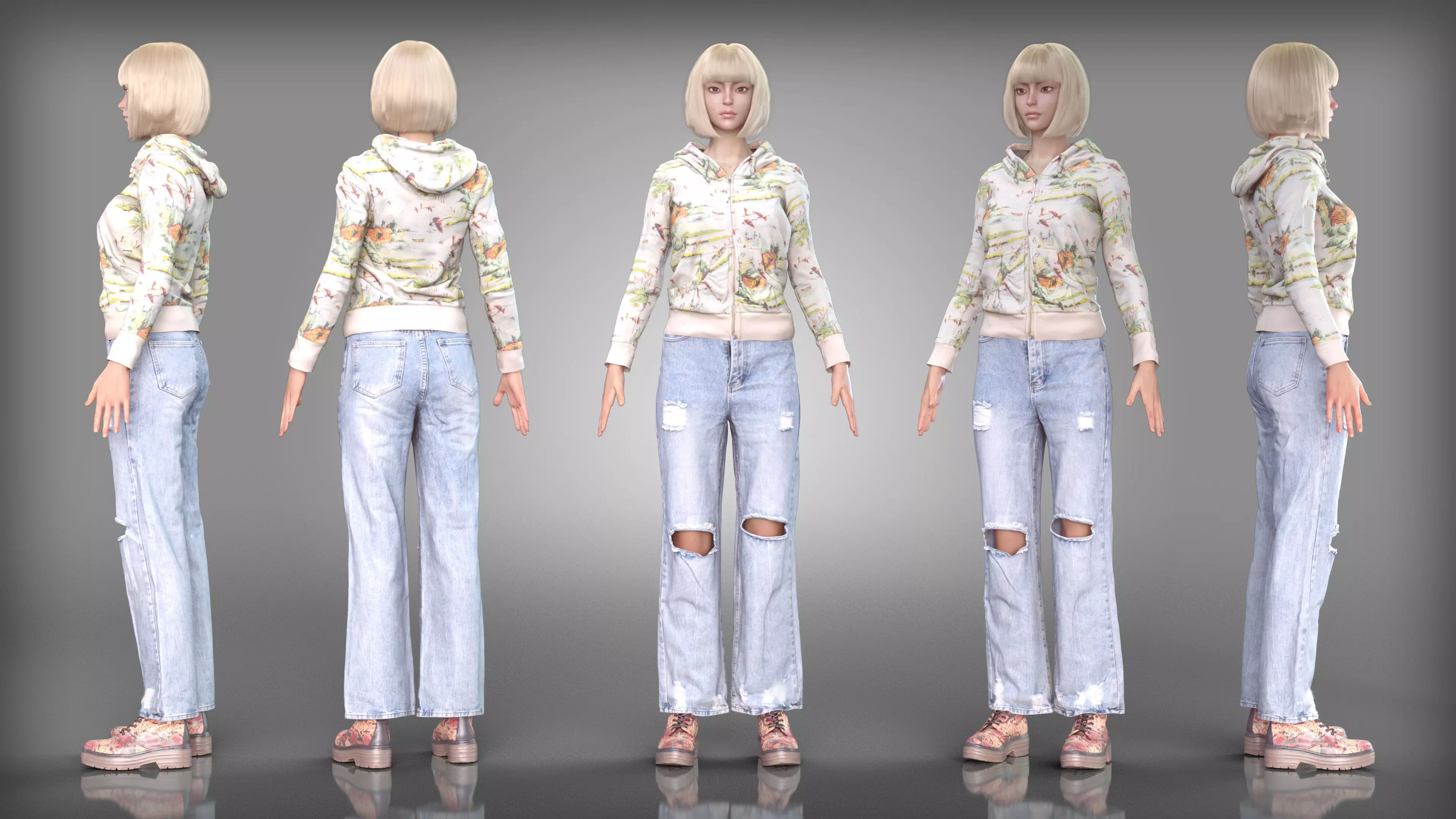 Floral Hoodie and Ripped Jeans Outfit with Boots Low-poly 3D model