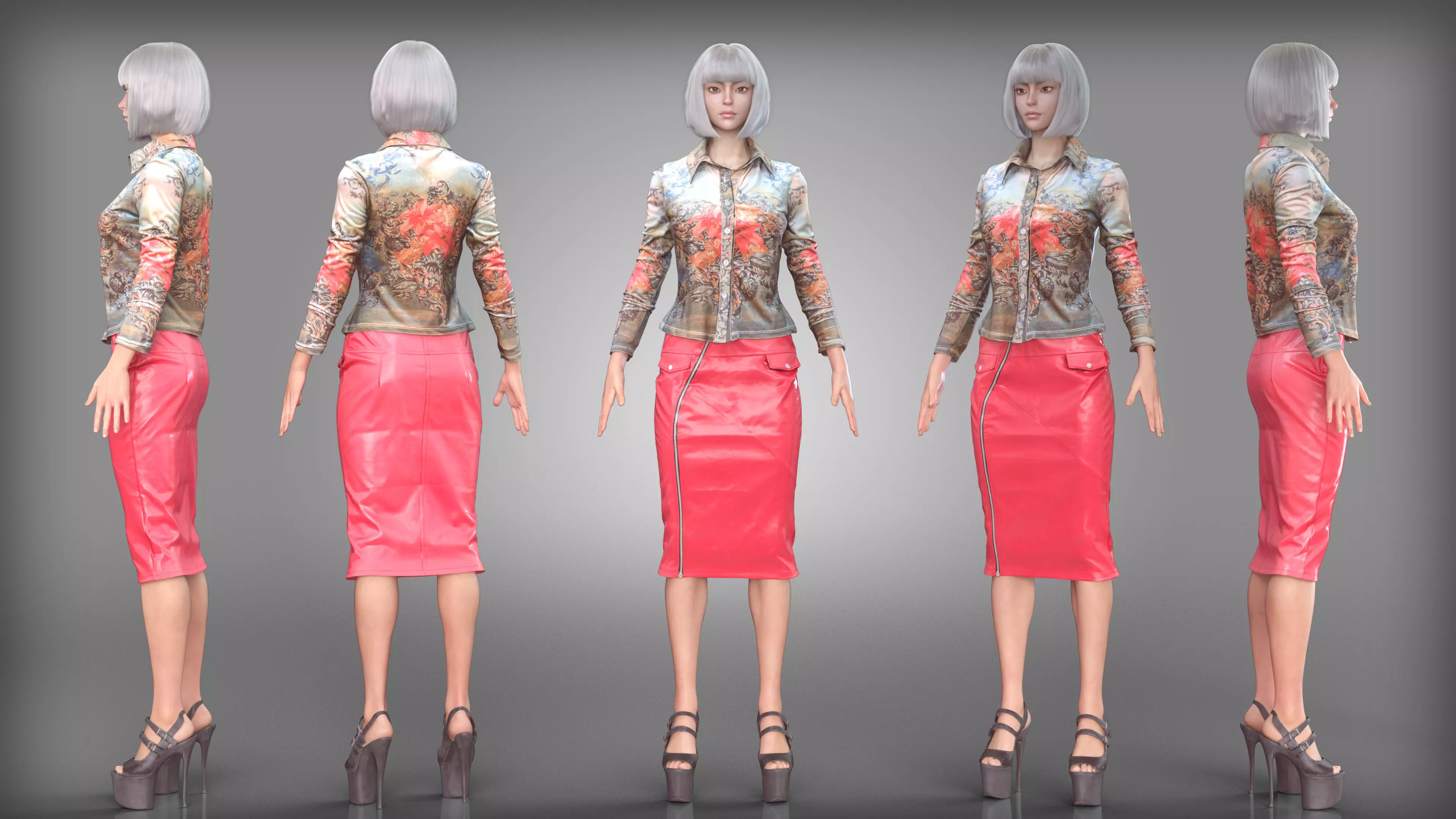 Floral Button Up Shirt and Pink Leather Pencil Skirt Outfit Low-poly 3D model