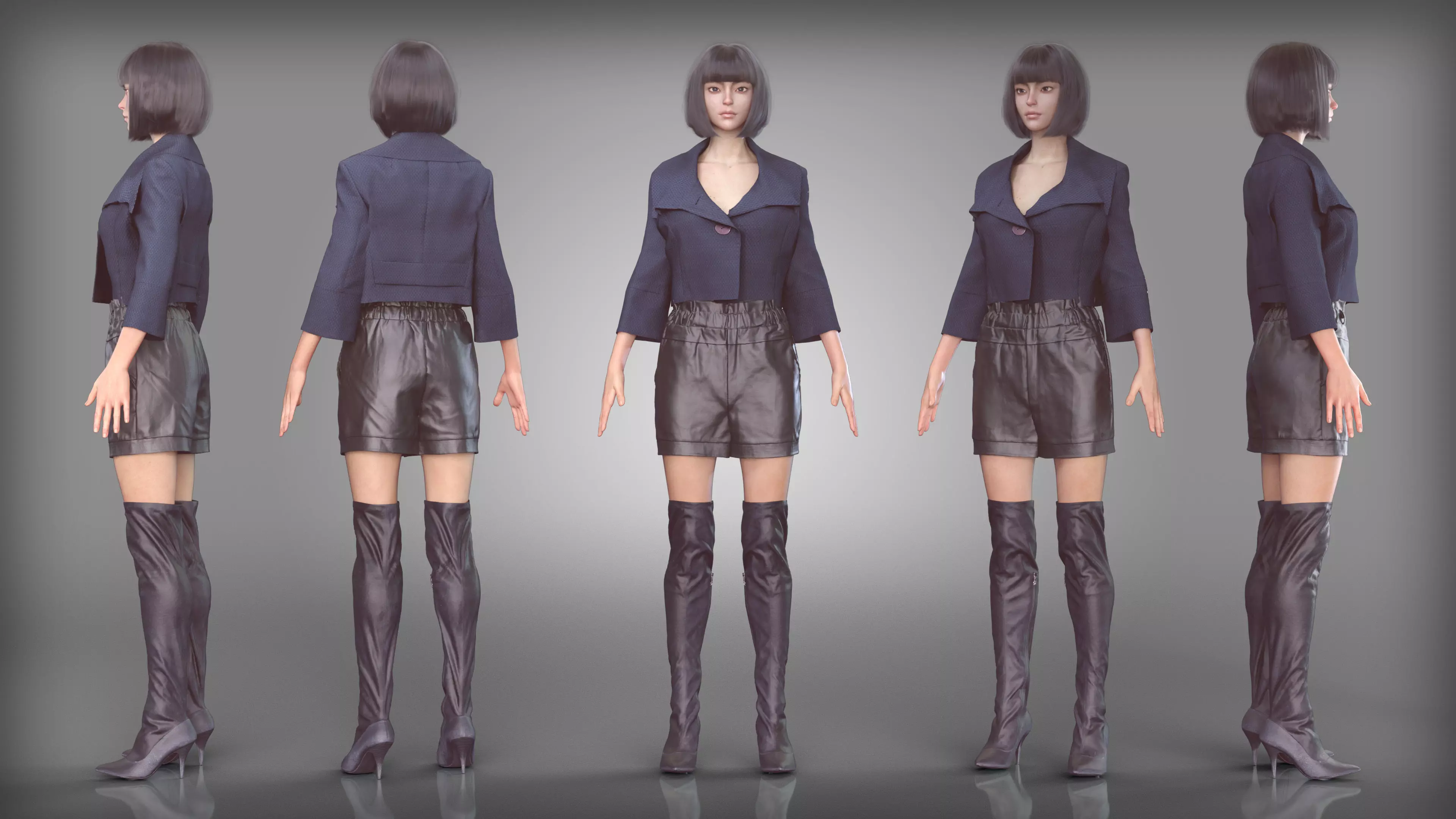 Dark Blue Blazer and Leather Shorts Outfit Velvet Boots Low-poly 3D model