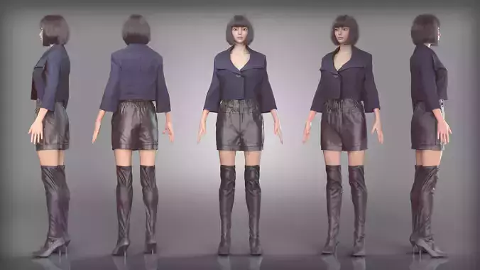 Dark Blue Blazer and Leather Shorts Outfit Velvet Boots