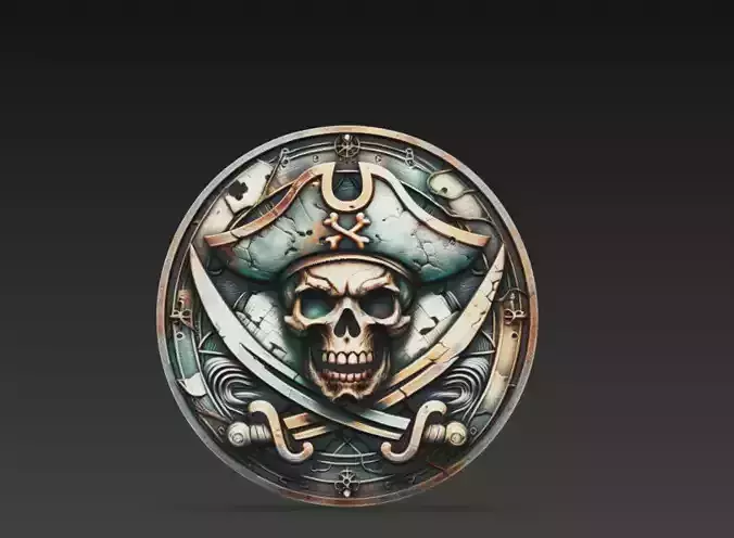 Pirate Skull Crossed Sabers Medallion Relief