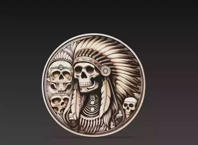 Tribal Skull Chief Feather Headdress Relief