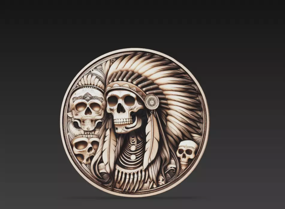 Tribal Skull Chief Feather Headdress Relief 3D print model