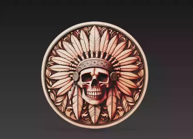 Skull Native Feather Headdress Relief