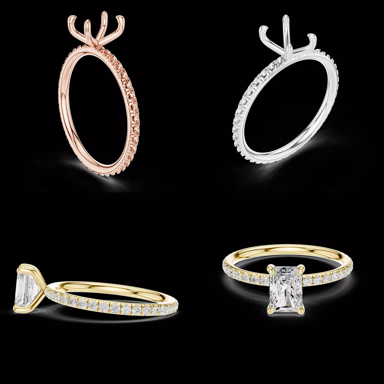 Radiant Cut Diamond Solitaire Engagement Ring CAD Model Pave 3D print model