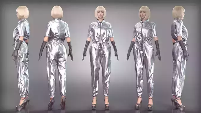 Silver Jumpsuit and Gloves Outfit with Studded High Heels