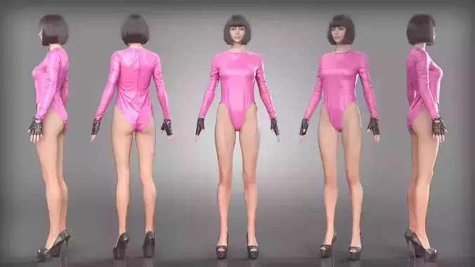 Pink Vinyl Bodysuit Black Leather Biker GLoves and High Heels