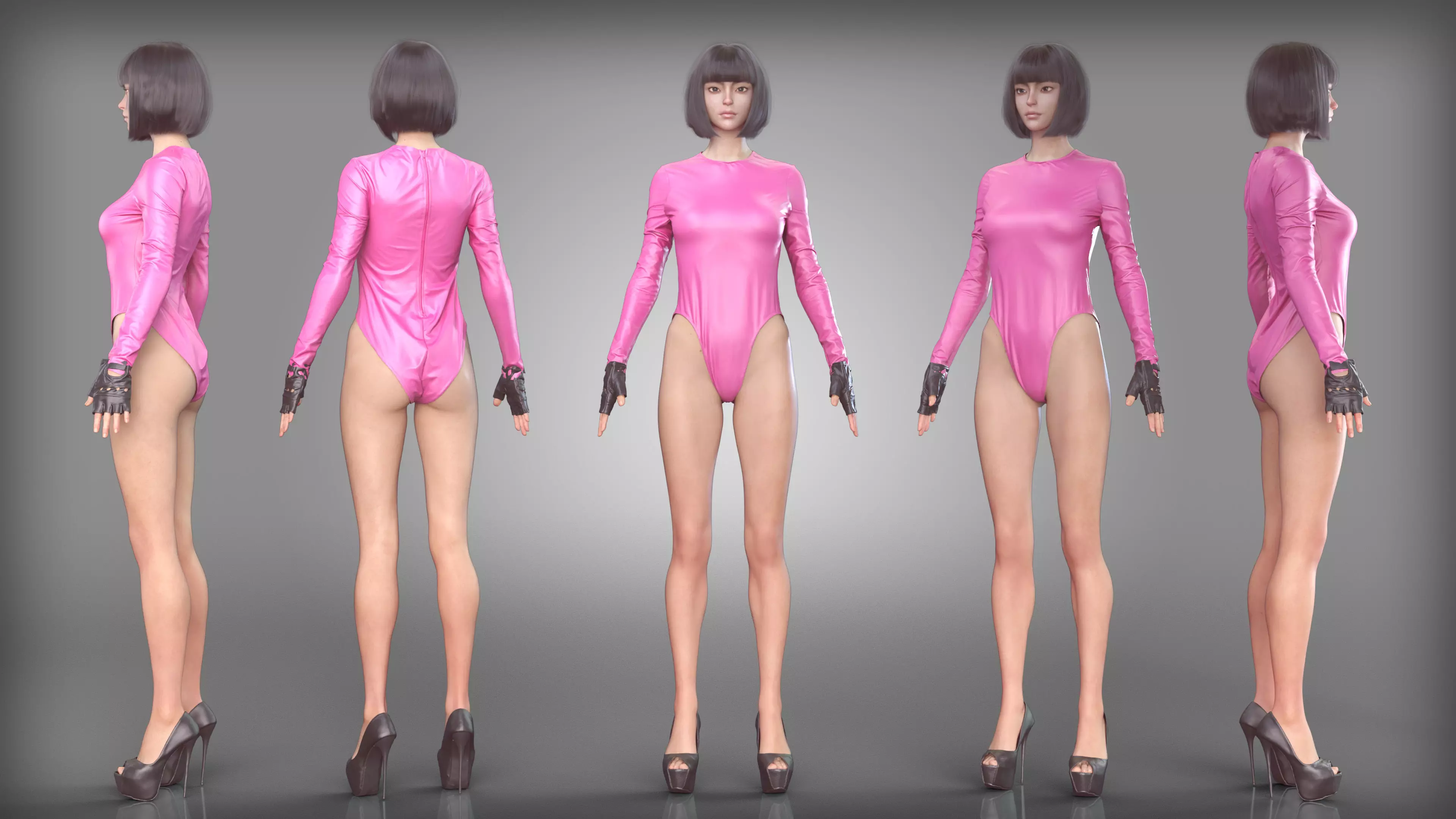 Pink Vinyl Bodysuit Black Leather Biker GLoves and High Heels Low-poly 3D model