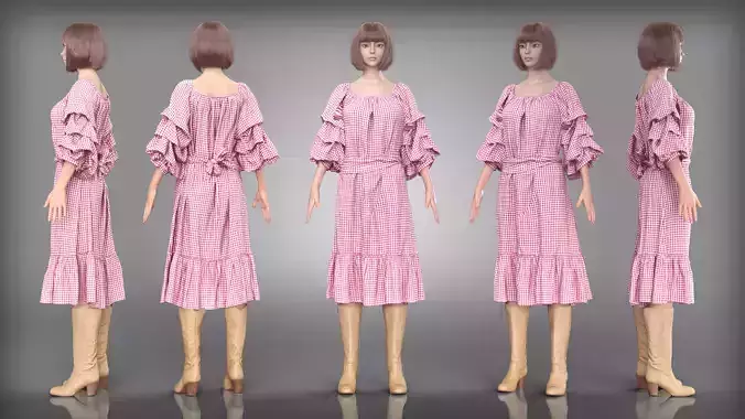 Pink Gingham Dress with Ruffled Sleeves Tan Knee High Boots