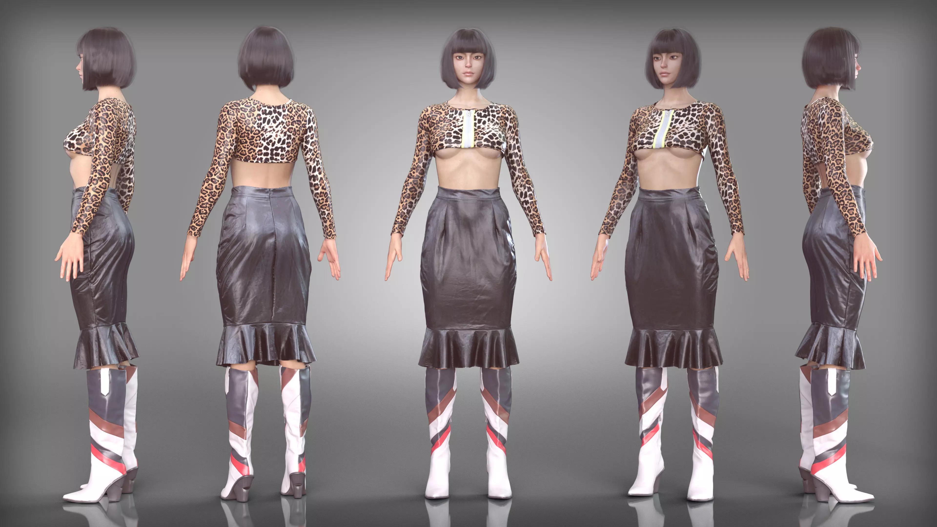 Leopard Print Crop Top Leather Wobble Skirt Outfit Elegant Boots Low-poly 3D model