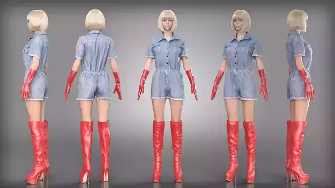 Denim Jumpsuit with Red Gloves and Thigh High Boots