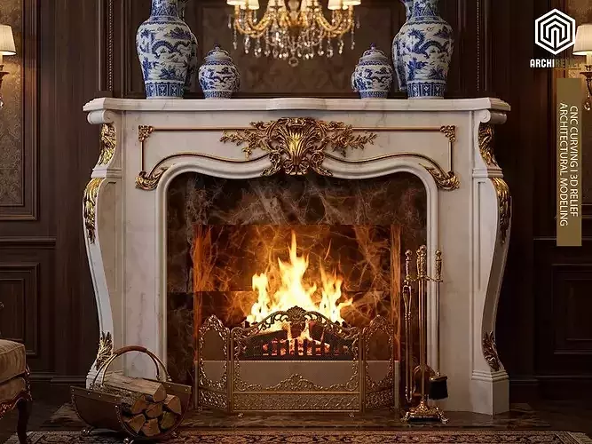 Classic Marble Fireplace - High Quality 3D Model 05