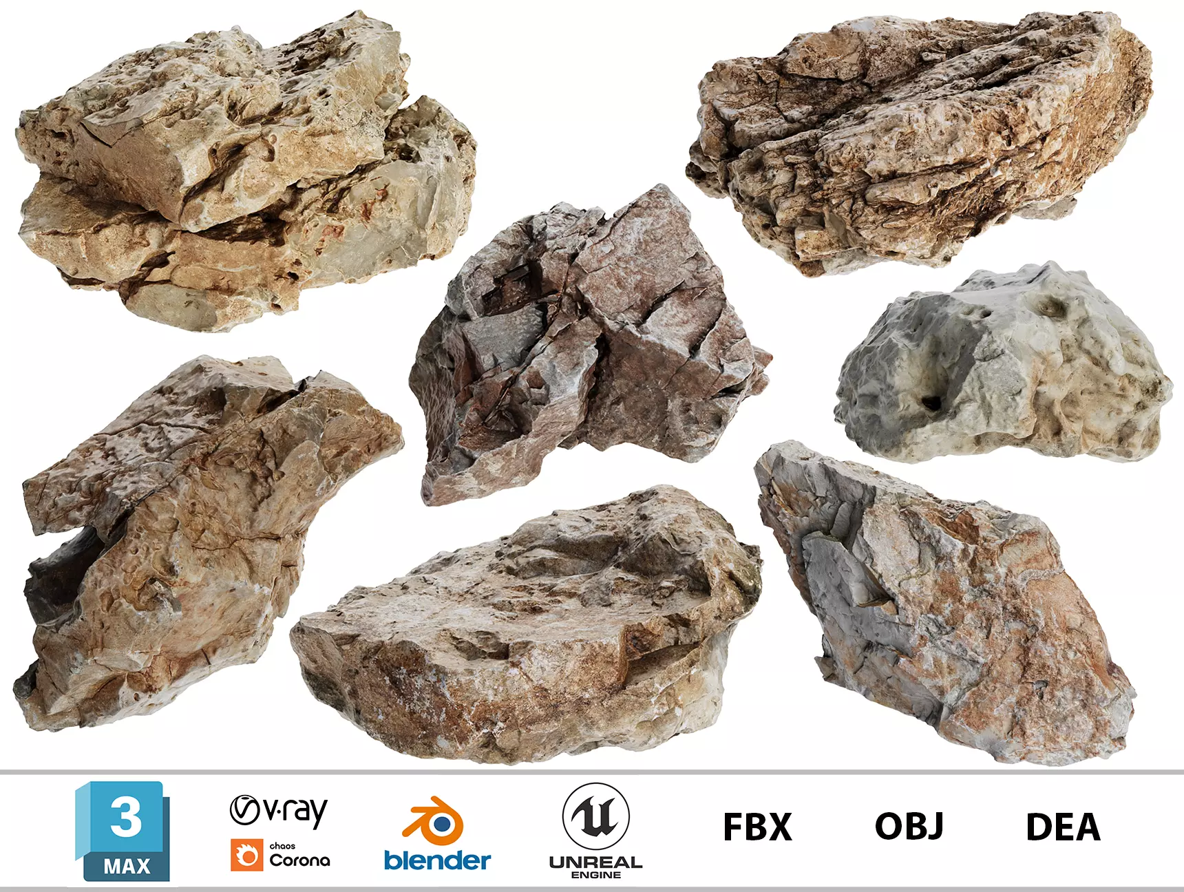 7 Photorealistic PBR Rocks - 360 Degree Scanned - 8K Textures Low-poly 3D model