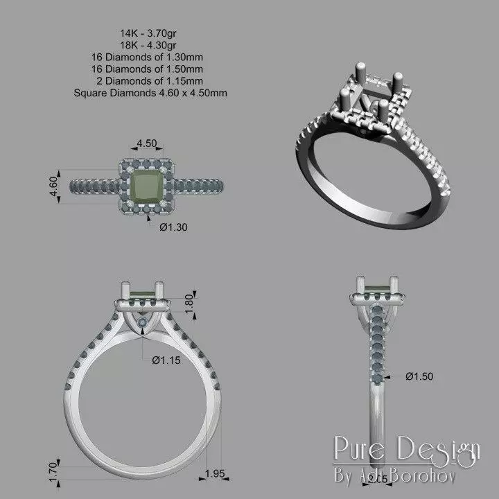 Ring Square Central Stone 3D print model_0