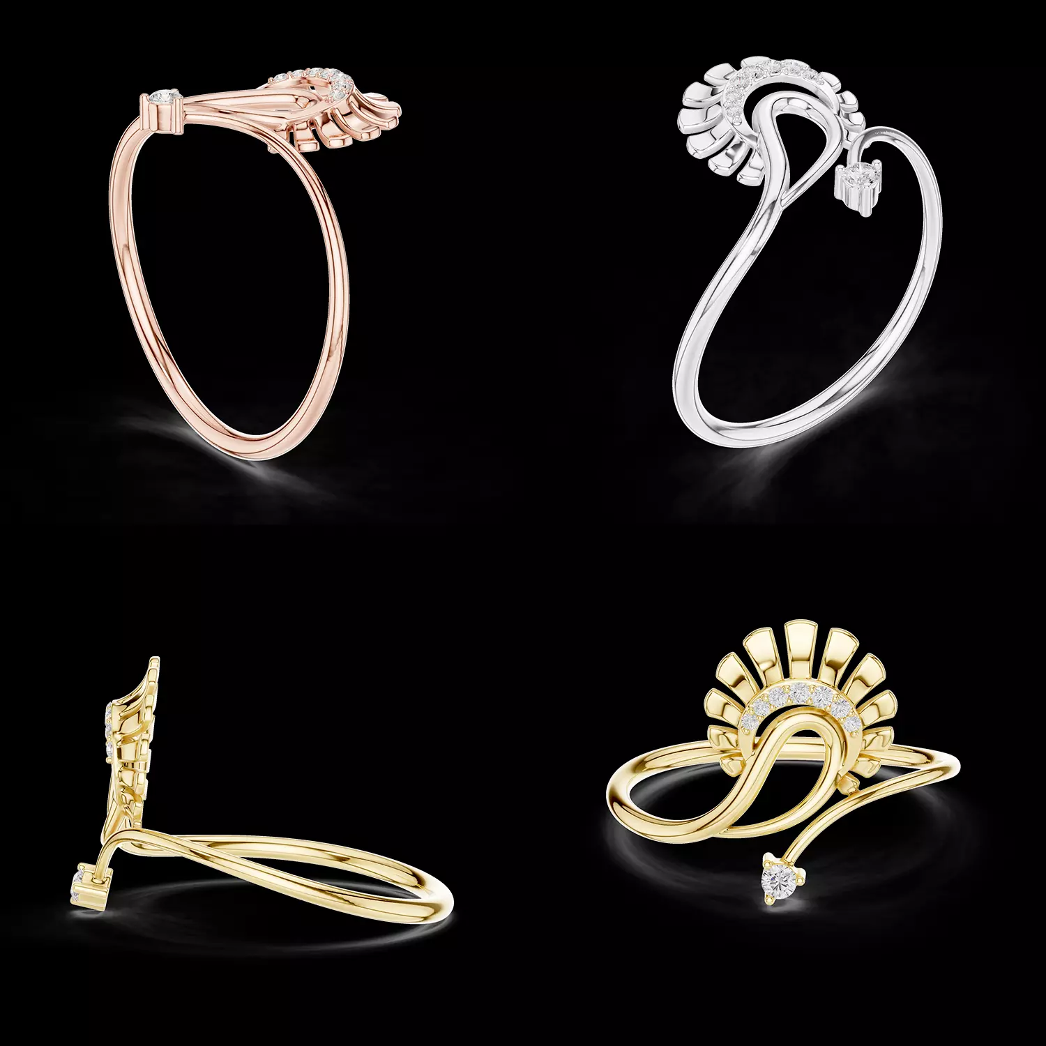 Modern Wave Diamond Ring with Sunburst Halo Accent Design 3D print model