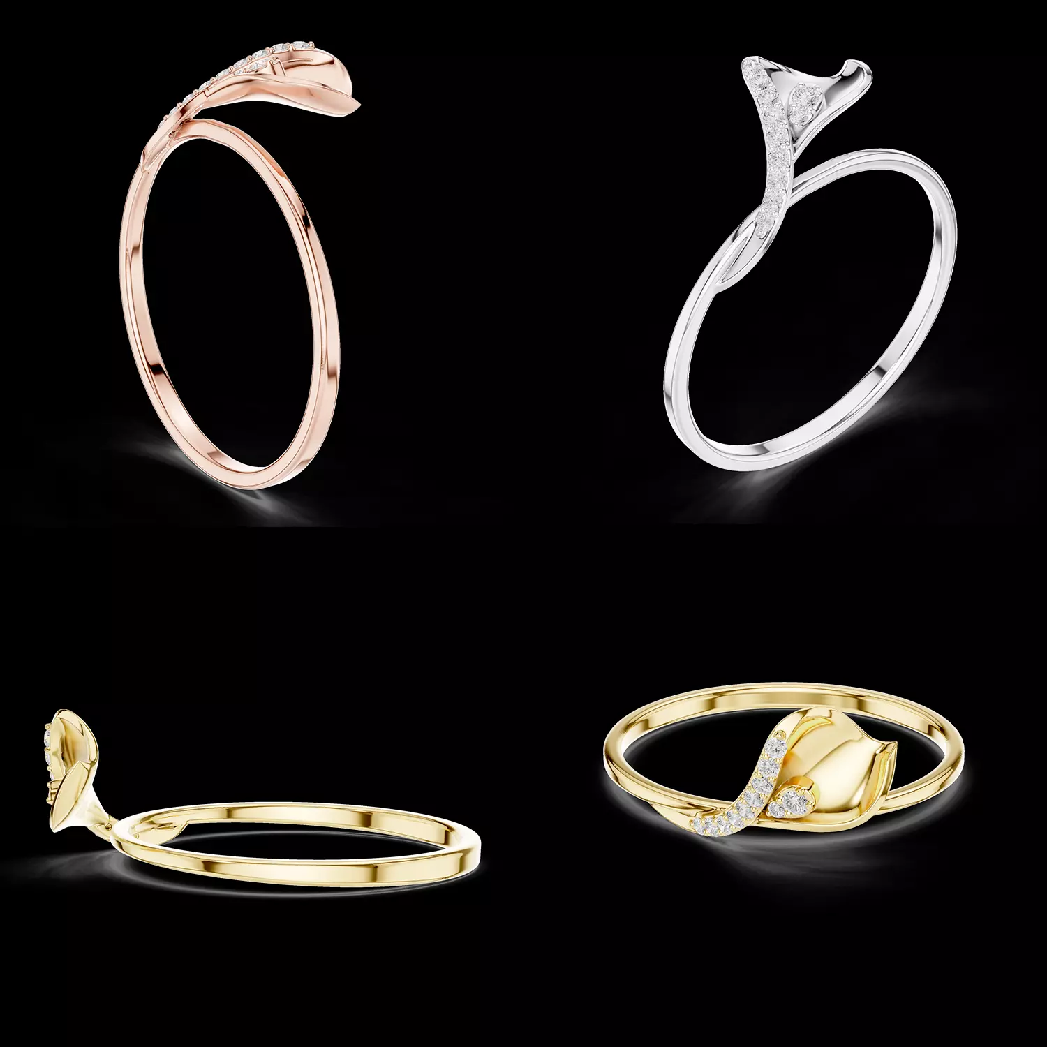 Elegant Rose Bud Diamond Ring with Modern Floral Design 3D print model