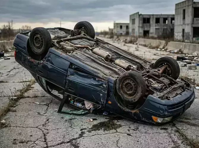 Overturned Wrecked Sedan Car Post Apocalyptic PBR Game Ready