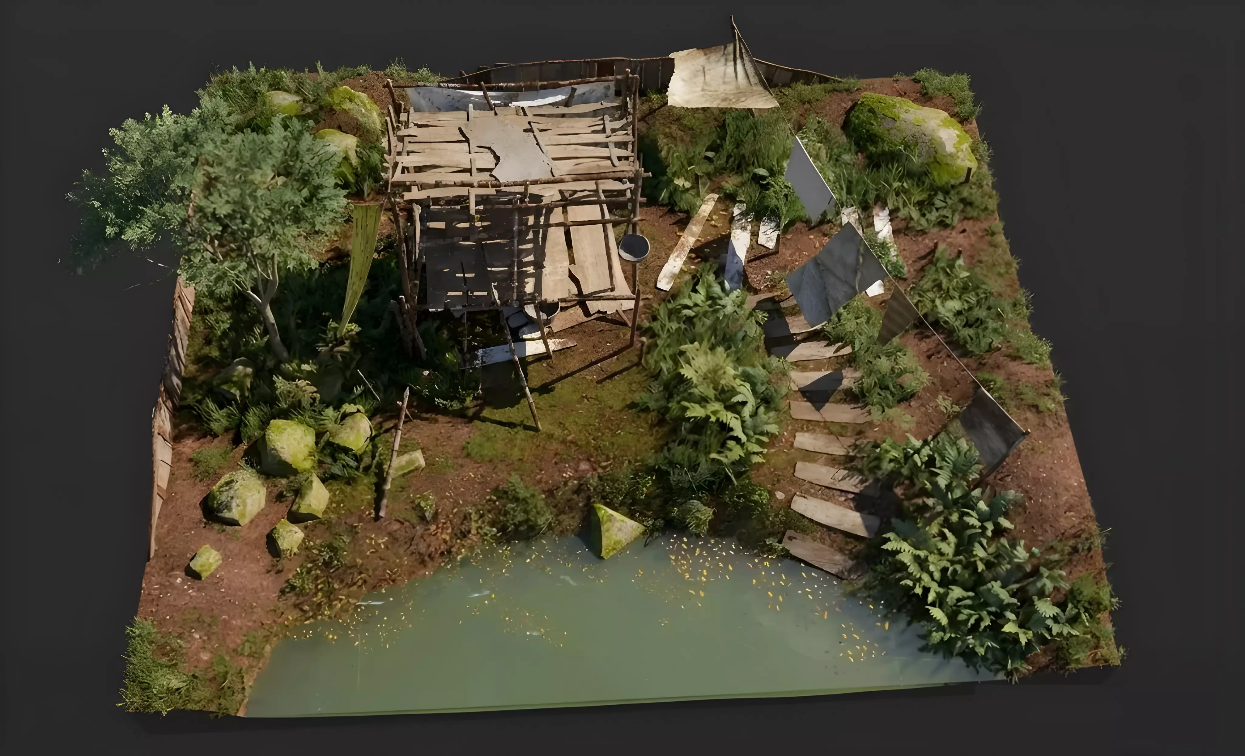 Classic Forest Shelter Camp on Small Terrain Low-poly 3D model